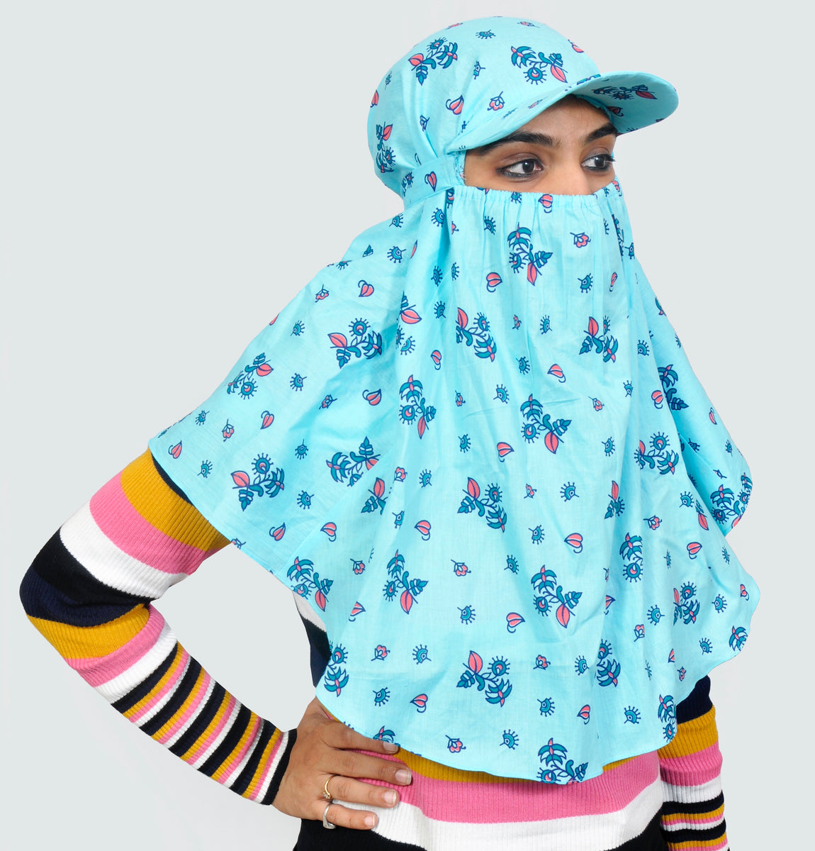 Sun protection cap scarf with gloves(blue)with pom – myfantasylist