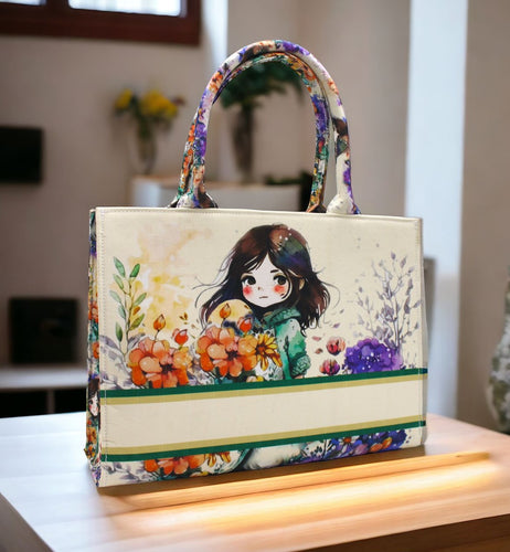 Tote Bag Designed with Flowers and Doll