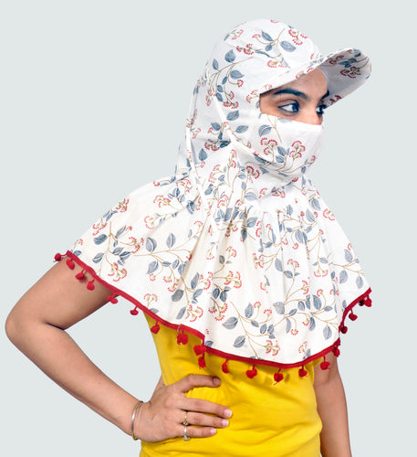Sun Protection Cap scarf(white)with pom
