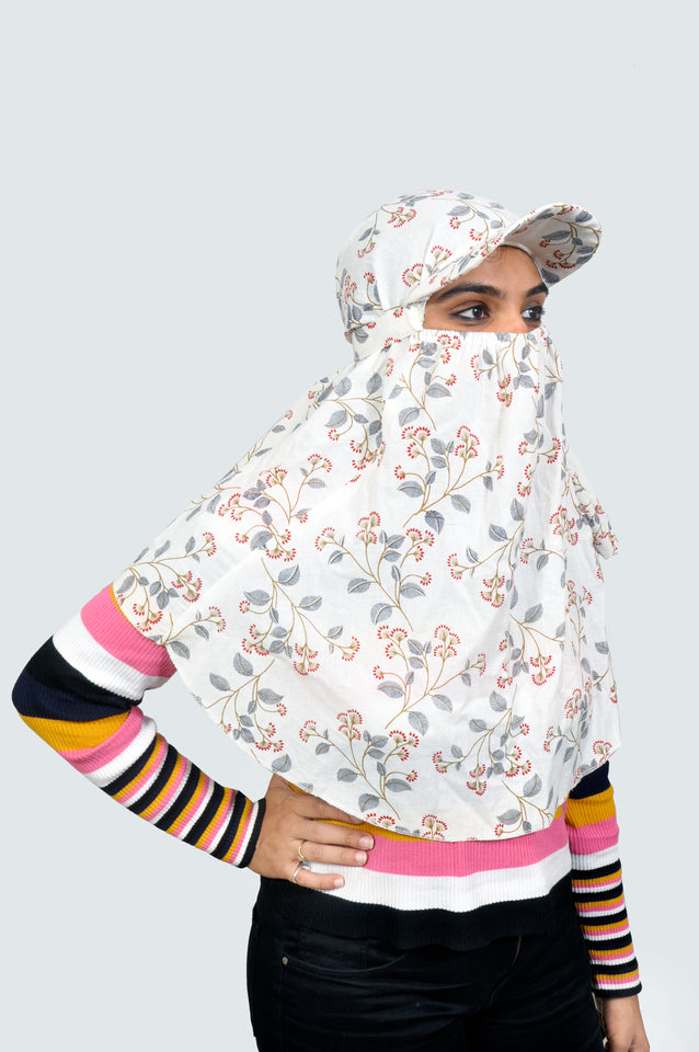 Sun protection cap scarf with gloves (white) without pom