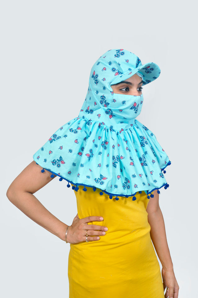 Sun protection cap scarf with gloves(blue)with pom – myfantasylist