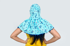 Sun protection cap scarf with gloves(blue)with pom