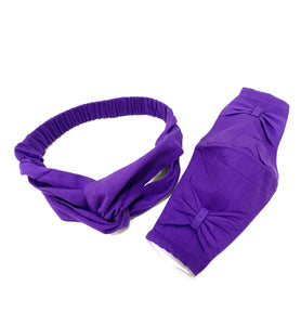 PURPLE COTTON KNOT HAIRBAND & REUSABLE HANDMADE COTTON BOW FACE COVER