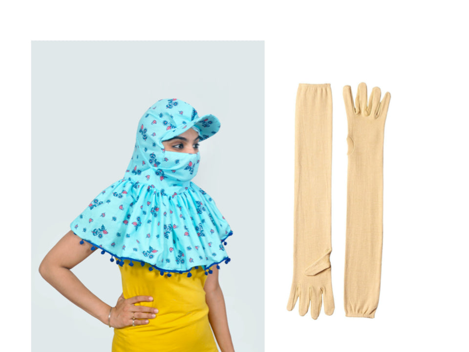 Sun protection cap scarf with gloves(blue)with pom – myfantasylist