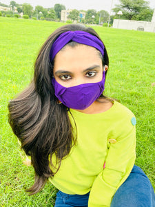PURPLE COTTON KNOT HAIRBAND & REUSABLE HANDMADE COTTON BOW FACE COVER