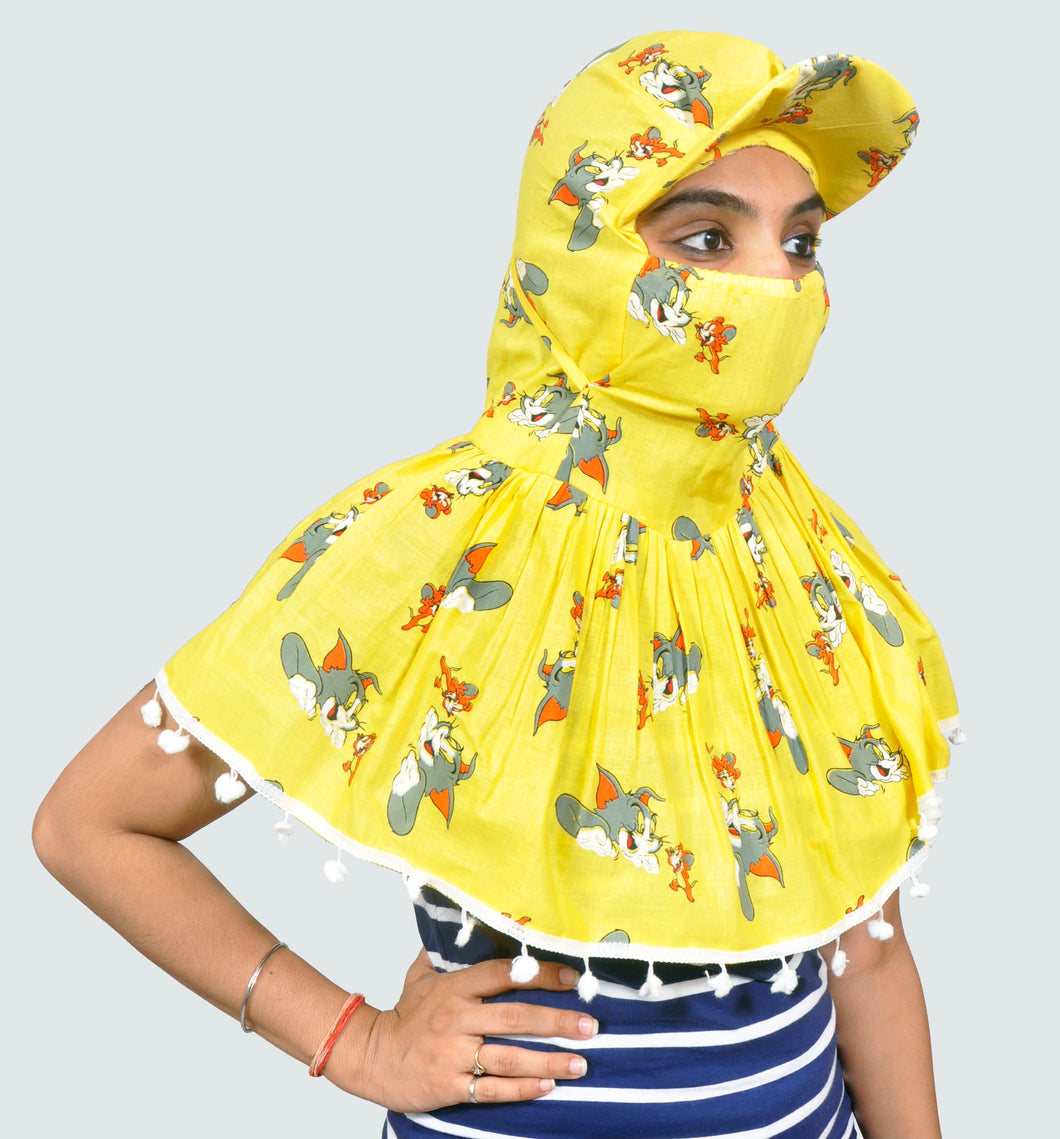 Sun protection cap scarf(yellow)with pom