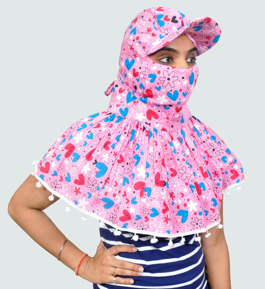 Sun protection cap scarf(pink)with pom