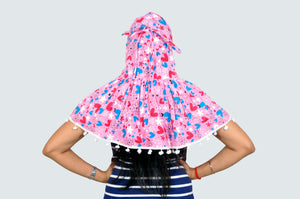Sun protection cap scarf(pink)with pom