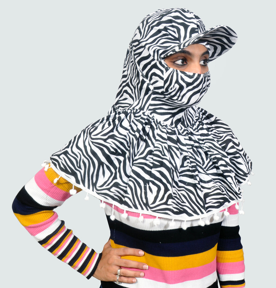 Sun Protection Cap scarf (Zebra) with pompom
